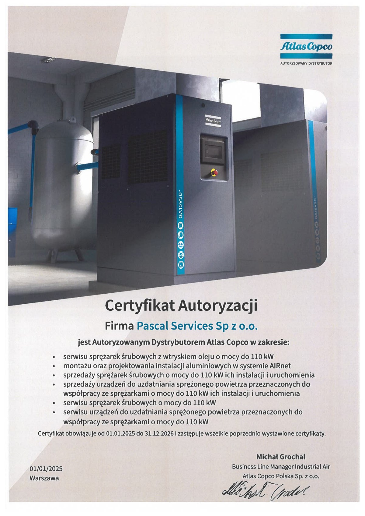 Certyfikat Autoryzacji Atlas Copco dla Pascal Services Sp. z o.o.
