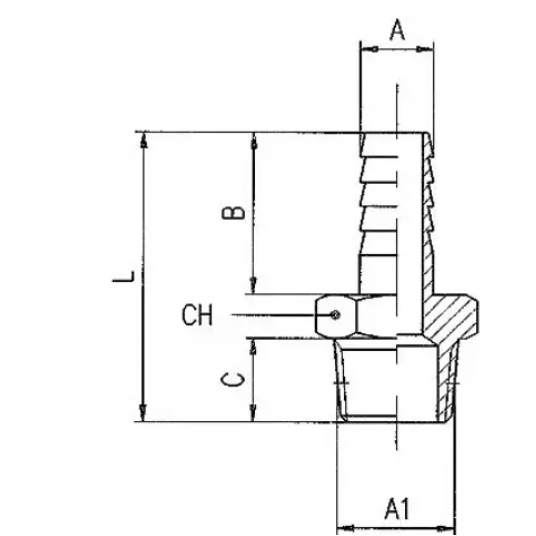 Króciec gwintowany choinka do węża fi 7 mm R 3/8 GZ, mosiądz niklowany, gwint stożkowy -zdjęcie numer 2