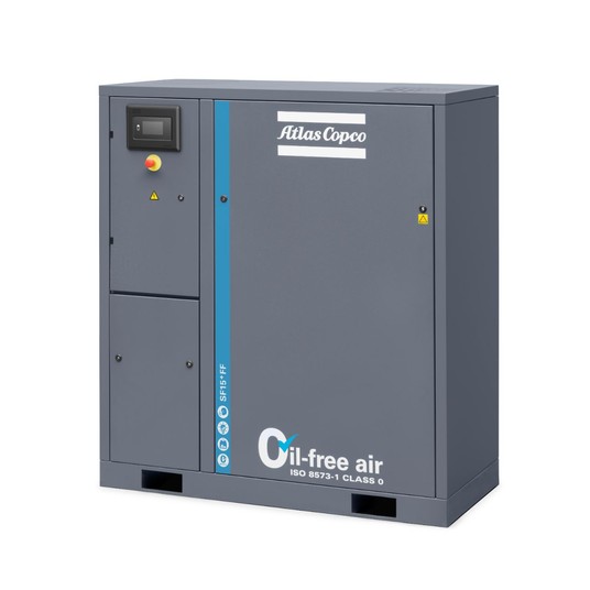 Sprężarka spiralna bezolejowa Atlas Copco SF 4-10 FF — 3,7 kW, 10 bar, z osuszaczem -zdjęcie numer 1