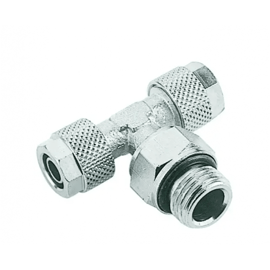 Trójnik skręcany obrotowy typu T G 1/8 GZ, do węża fi 6x4 mm, mosiądz niklowany -zdjęcie numer 1