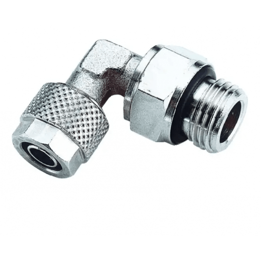 Złączka pneumatyczna skręcana kątowa obrotowa G 1/8 GZ, do węża fi 8x6 mm, mosiądz niklowany -zdjęcie numer 1