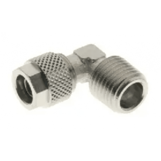 Złączka pneumatyczna skręcana kątowa R 1/8 GZ, do węża fi 5x3 mm, mosiądz niklowany -zdjęcie numer 1