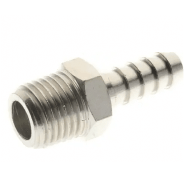 Króciec gwintowany choinka do węża fi 12 mm R 1/4 GZ, mosiądz niklowany, gwint stożkowy