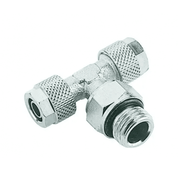 Trójnik skręcany obrotowy typu T G 1/8 GZ, do węża fi 8x6 mm, mosiądz niklowany