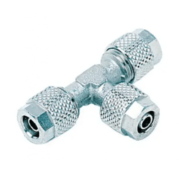 Trójnik skręcany redukcyjny typu T do węża fi 10x8-8x6 mm, mosiądz niklowany