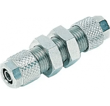 Złączka pneumatyczna skręcana prosta grodziowa M6x0,5, do węża fi 4x2,7 mm, mosiądz niklowany